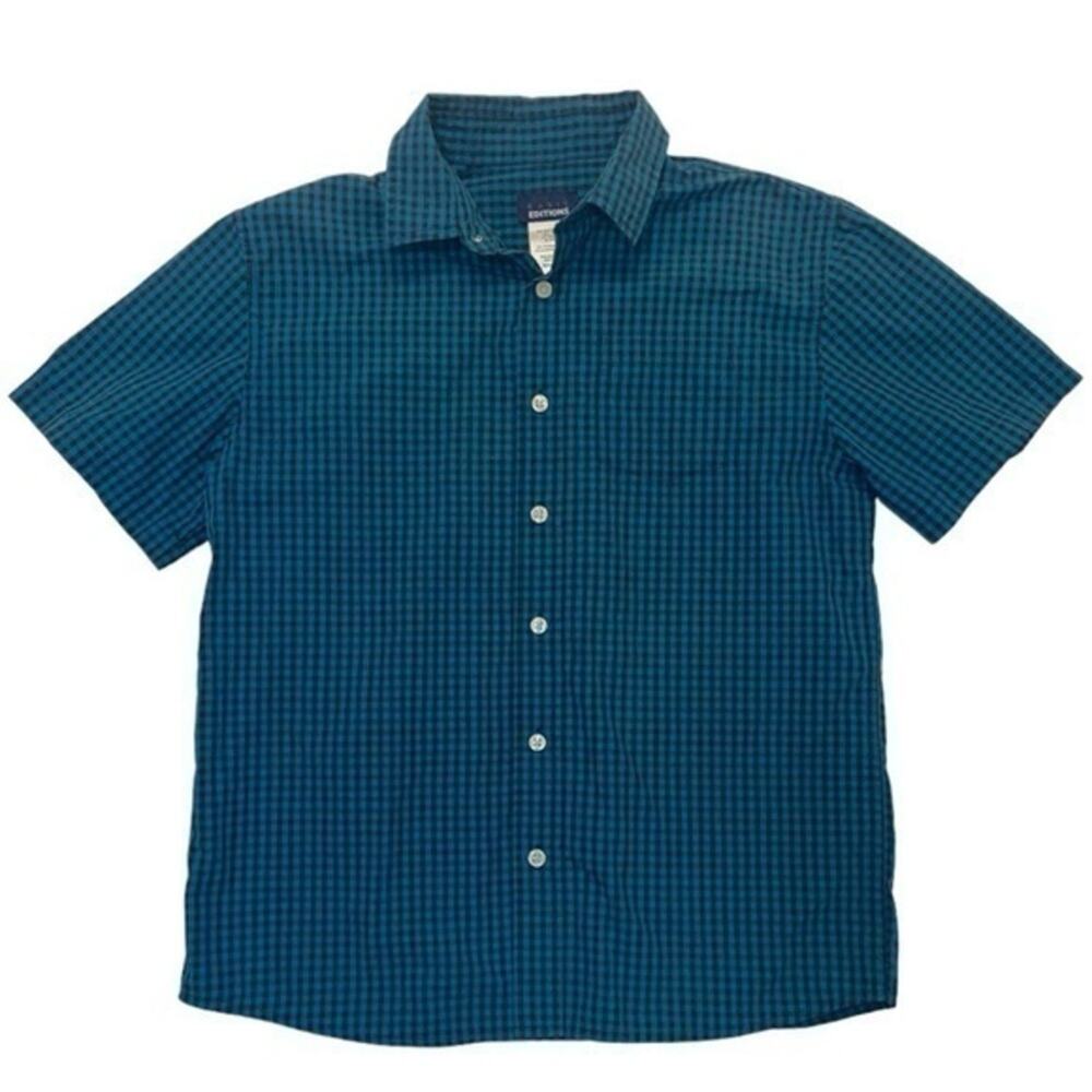 Short Sleeve Plaid Button Down Shirt Boys Size XL 14-16 blue short sleeve checks